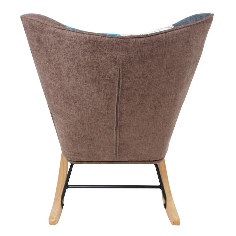 Schaukelstuhl aus Stoff im Mid-Century-Stil mit Holzbeinen und Patchwork-Leinen