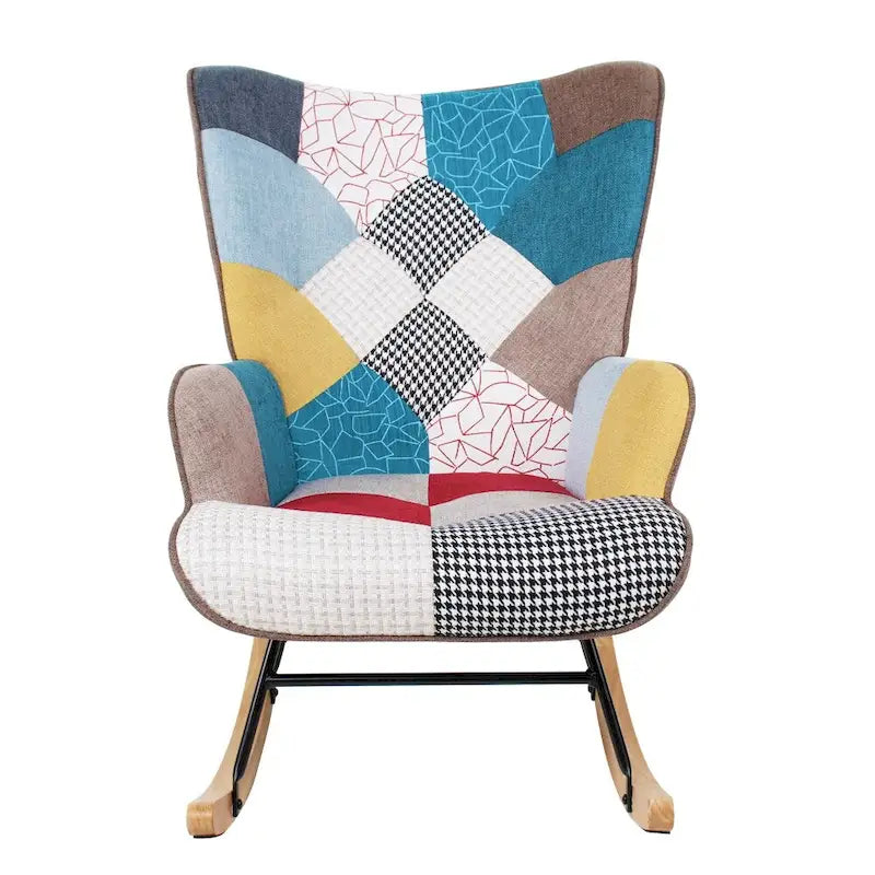Schaukelstuhl aus Stoff im Mid-Century-Stil mit Holzbeinen und Patchwork-Leinen