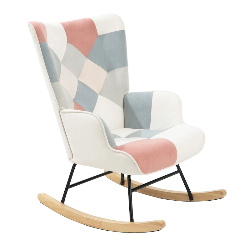 Schaukelstuhl aus Stoff im Mid-Century-Stil mit Holzbeinen und Patchwork-Leinen