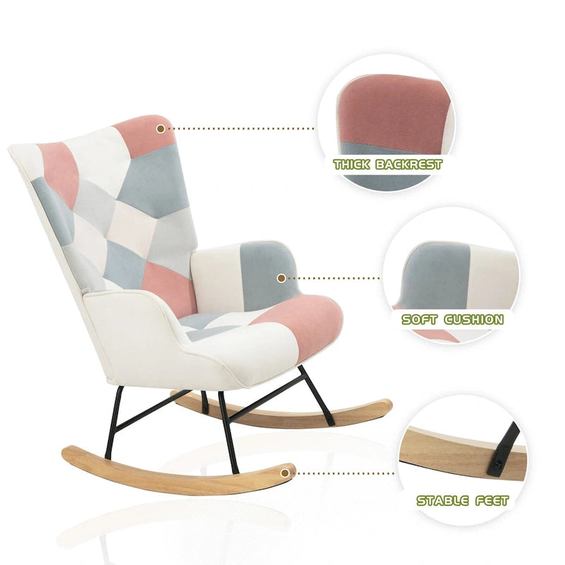 Schaukelstuhl aus Stoff im Mid-Century-Stil mit Holzbeinen und Patchwork-Leinen