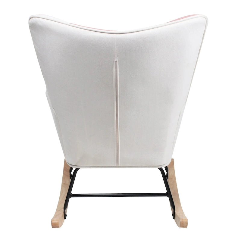 Schaukelstuhl aus Stoff im Mid-Century-Stil mit Holzbeinen und Patchwork-Leinen