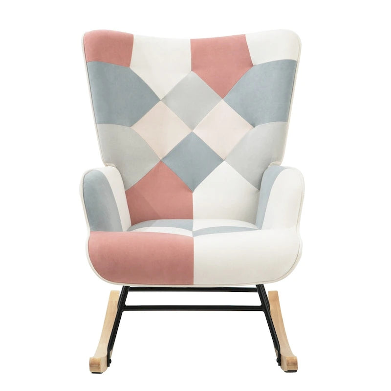 Schaukelstuhl aus Stoff im Mid-Century-Stil mit Holzbeinen und Patchwork-Leinen