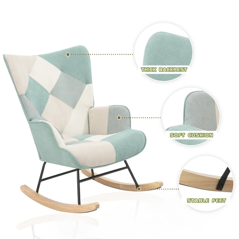 Schaukelstuhl aus Stoff im Mid-Century-Stil mit Holzbeinen und Patchwork-Leinen