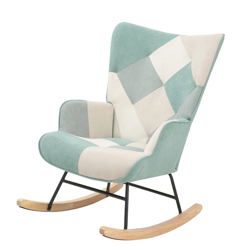 Schaukelstuhl aus Stoff im Mid-Century-Stil mit Holzbeinen und Patchwork-Leinen