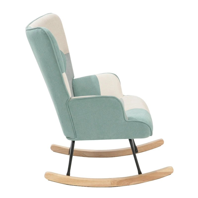 Schaukelstuhl aus Stoff im Mid-Century-Stil mit Holzbeinen und Patchwork-Leinen
