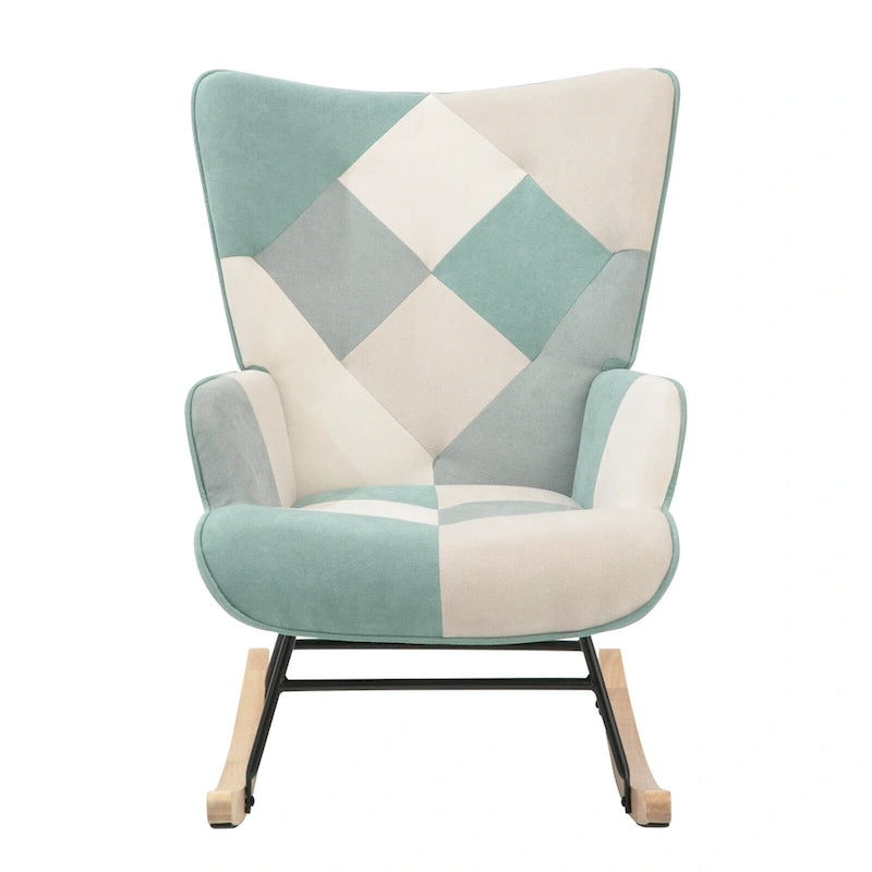 Schaukelstuhl aus Stoff im Mid-Century-Stil mit Holzbeinen und Patchwork-Leinen