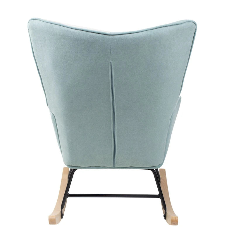 Schaukelstuhl aus Stoff im Mid-Century-Stil mit Holzbeinen und Patchwork-Leinen