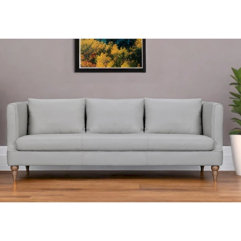 85 graues Ledersofa mit braunen Beinen