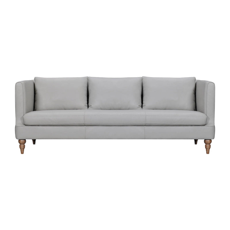85 graues Ledersofa mit braunen Beinen