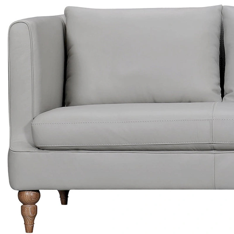 85 graues Ledersofa mit braunen Beinen