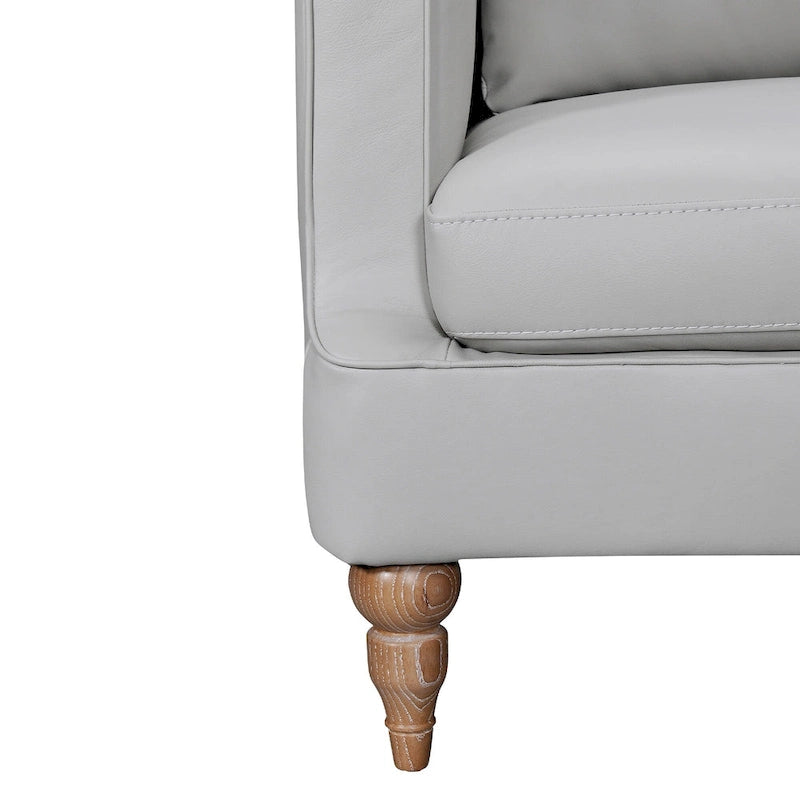85 graues Ledersofa mit braunen Beinen