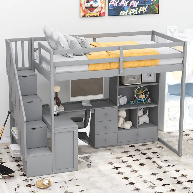 Hochbett mit L-förmigem Schreibtisch, Schubladen, Schrank und Stautreppe