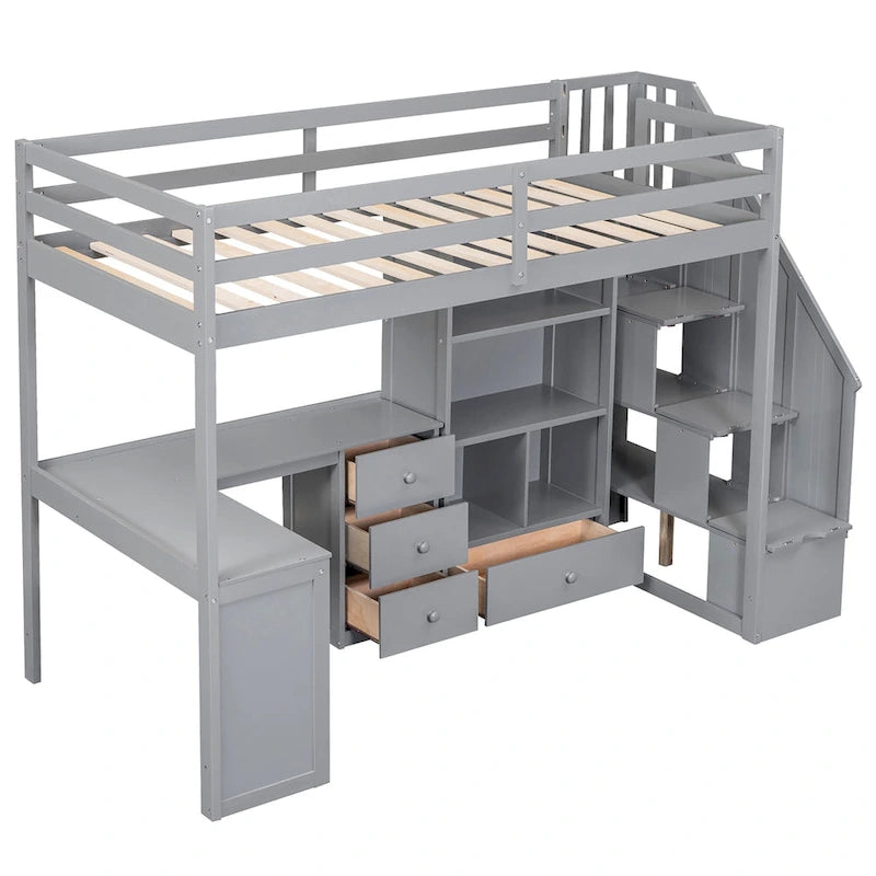Hochbett mit L-förmigem Schreibtisch, Schubladen, Schrank und Stautreppe