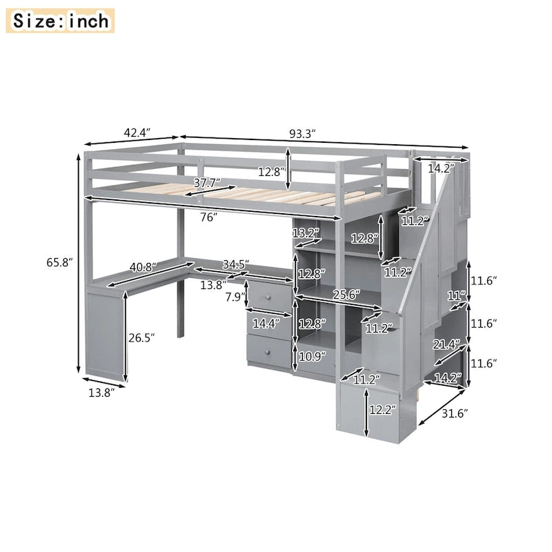 Hochbett mit L-förmigem Schreibtisch, Schubladen, Schrank und Stautreppe