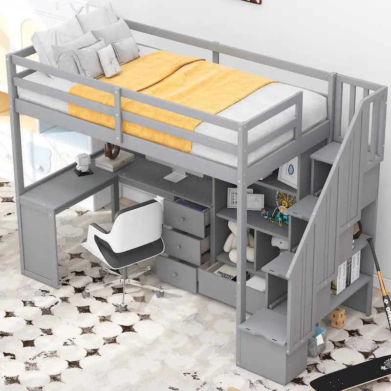 Hochbett mit L-förmigem Schreibtisch, Schubladen, Schrank und Stautreppe