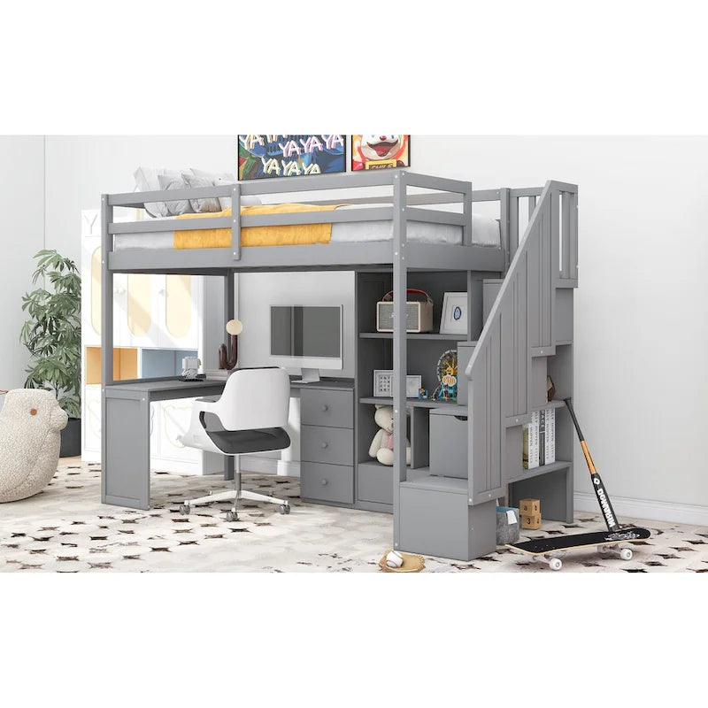 Hochbett mit L-förmigem Schreibtisch, Schubladen, Schrank und Stautreppe