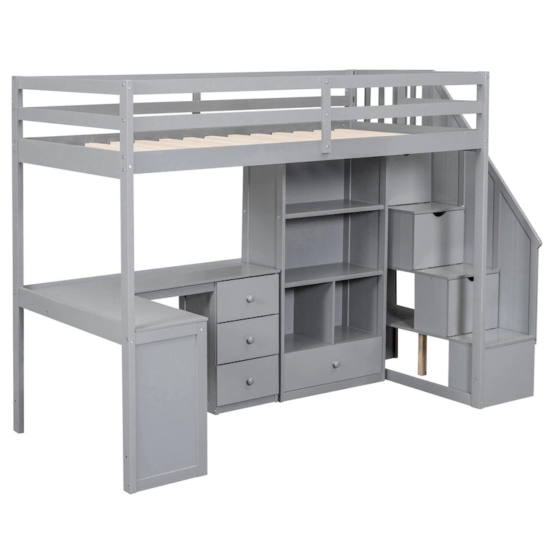 Hochbett mit L-förmigem Schreibtisch, Schubladen, Schrank und Stautreppe