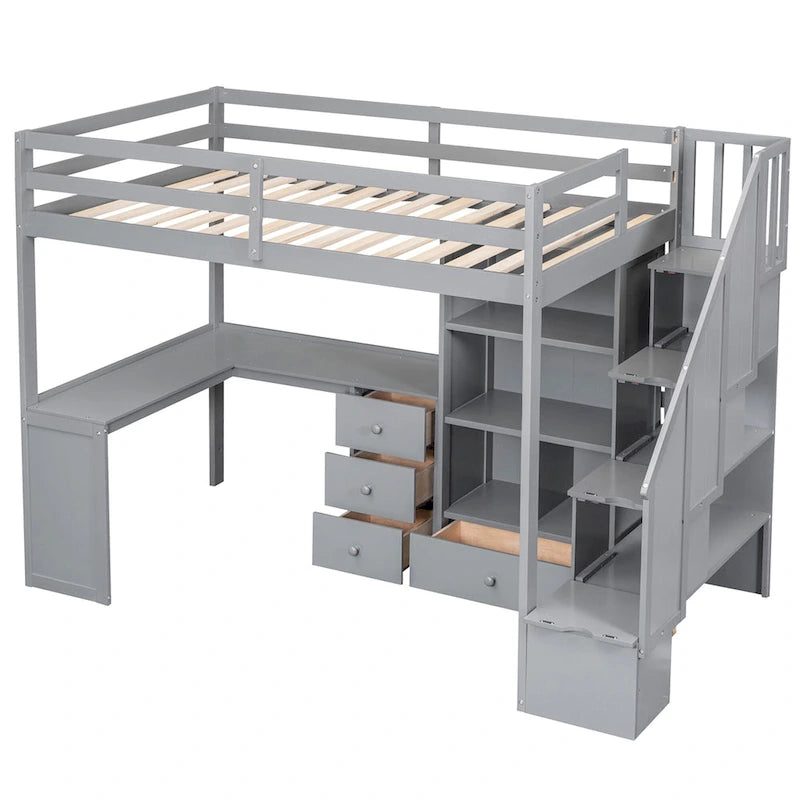 Hochbett mit L-förmigem Schreibtisch, Schubladen, Schrank und Stautreppe