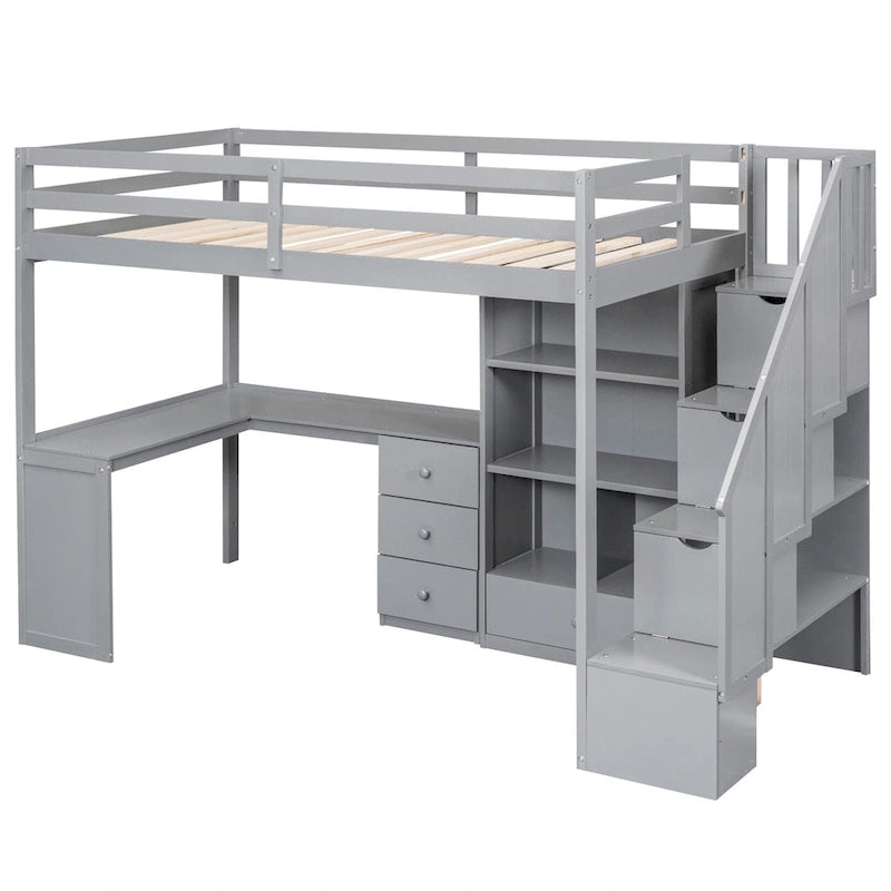 Hochbett mit L-förmigem Schreibtisch, Schubladen, Schrank und Stautreppe