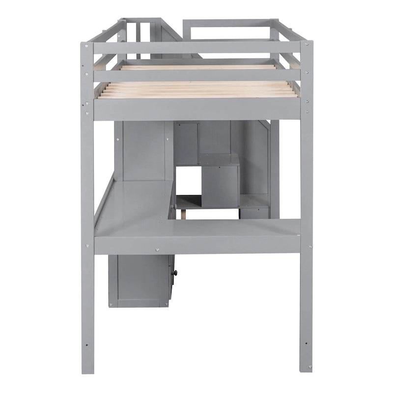 Hochbett mit L-förmigem Schreibtisch, Schubladen, Schrank und Stautreppe