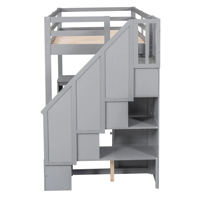 Hochbett mit L-förmigem Schreibtisch, Schubladen, Schrank und Stautreppe
