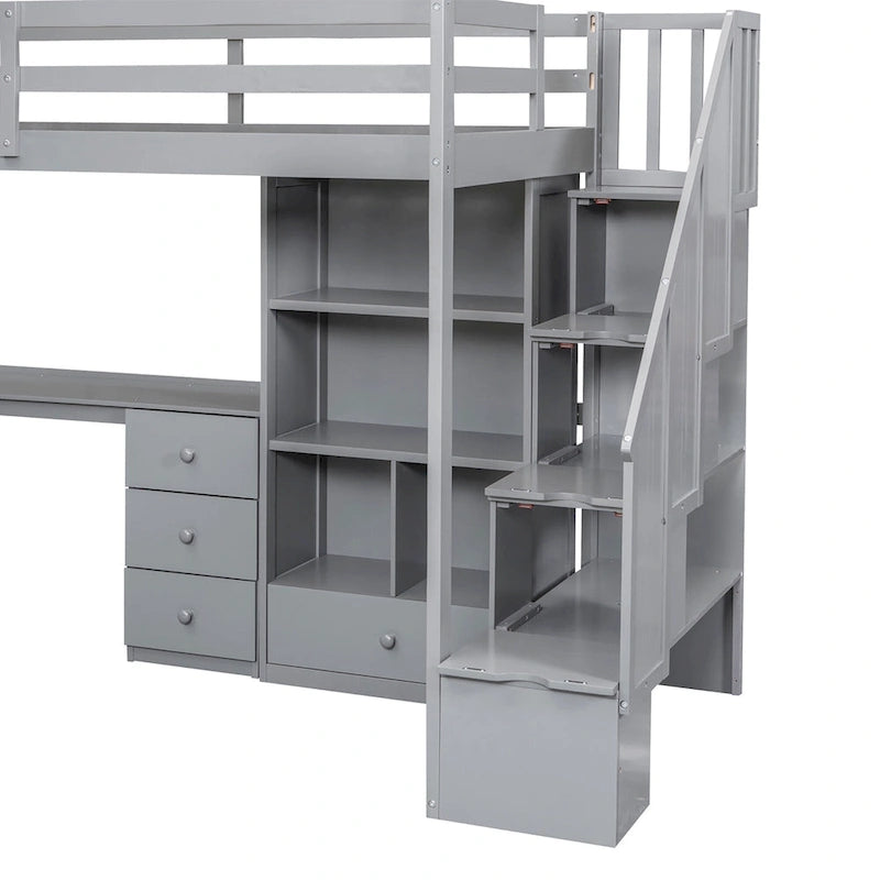 Hochbett mit L-förmigem Schreibtisch, Schubladen, Schrank und Stautreppe