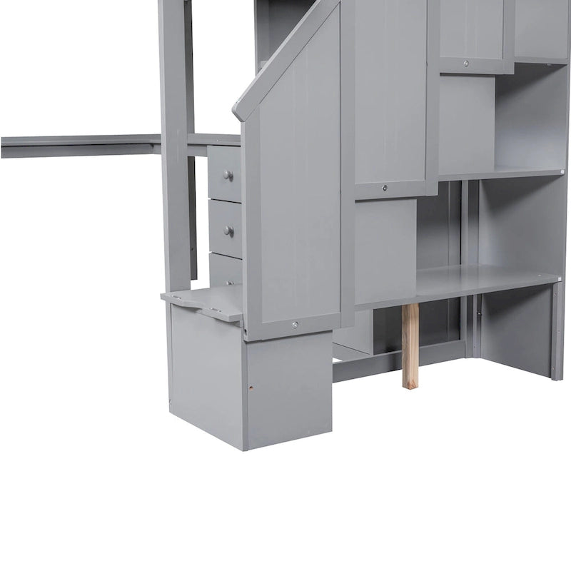 Hochbett mit L-förmigem Schreibtisch, Schubladen, Schrank und Stautreppe