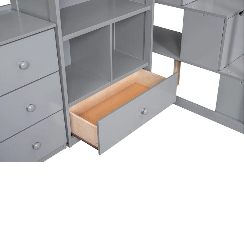 Hochbett mit L-förmigem Schreibtisch, Schubladen, Schrank und Stautreppe