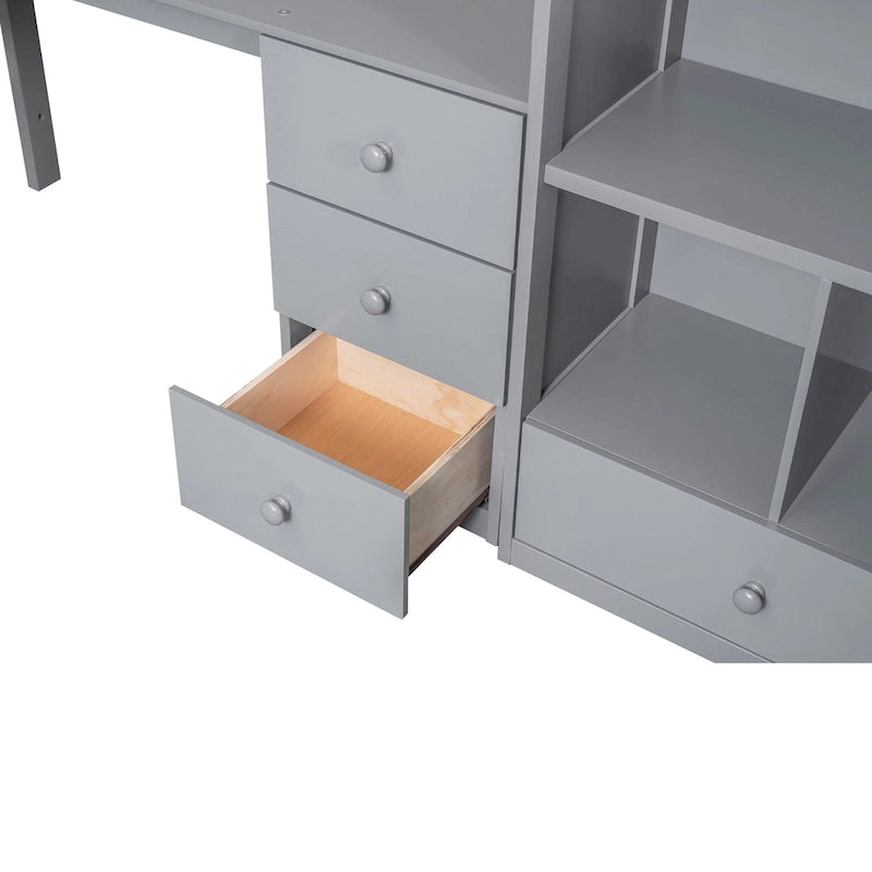 Hochbett mit L-förmigem Schreibtisch, Schubladen, Schrank und Stautreppe