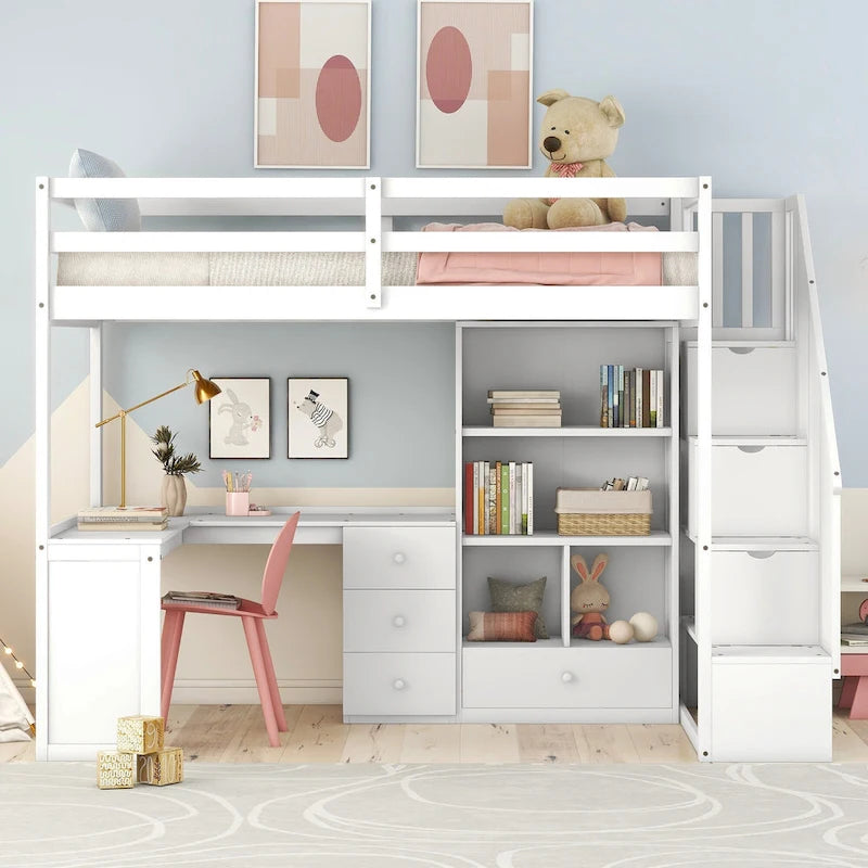 Hochbett mit L-förmigem Schreibtisch, Schubladen, Schrank und Stautreppe