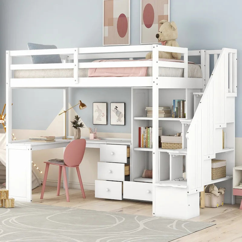 Hochbett mit L-förmigem Schreibtisch, Schubladen, Schrank und Stautreppe