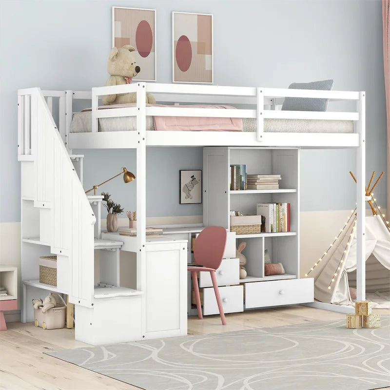 Hochbett mit L-förmigem Schreibtisch, Schubladen, Schrank und Stautreppe