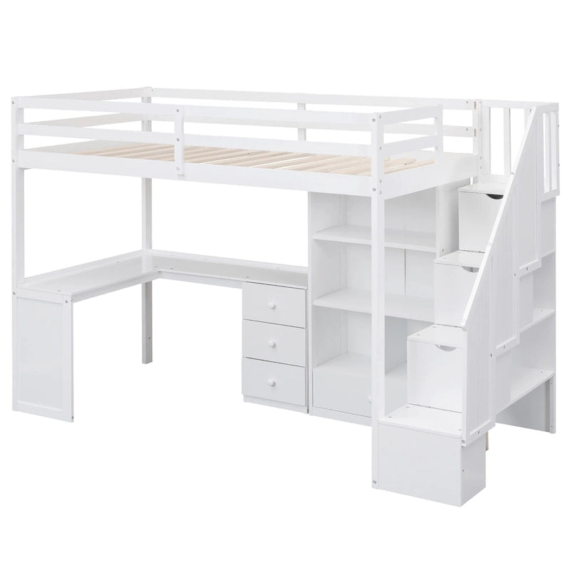 Hochbett mit L-förmigem Schreibtisch, Schubladen, Schrank und Stautreppe