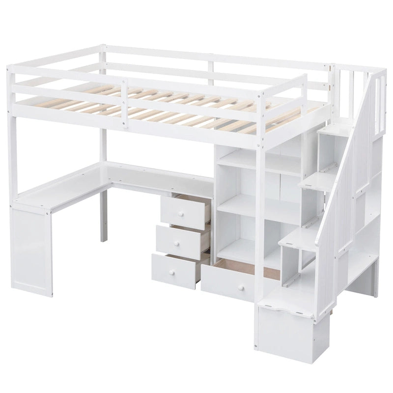 Hochbett mit L-förmigem Schreibtisch, Schubladen, Schrank und Stautreppe
