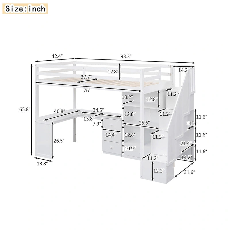 Hochbett mit L-förmigem Schreibtisch, Schubladen, Schrank und Stautreppe
