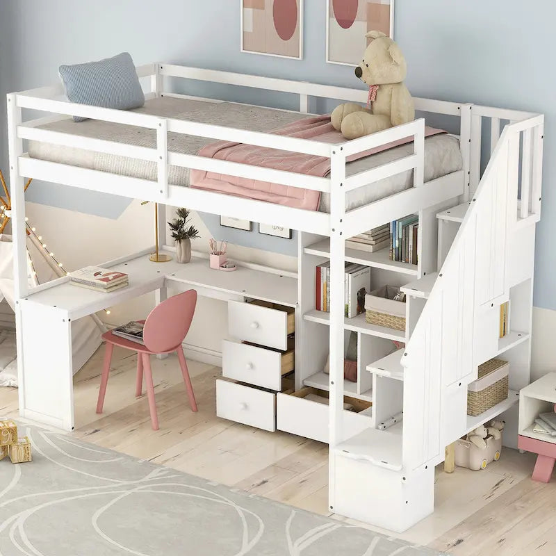 Hochbett mit L-förmigem Schreibtisch, Schubladen, Schrank und Stautreppe