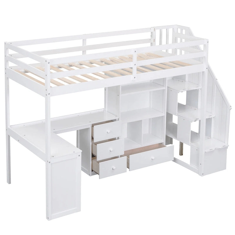 Hochbett mit L-förmigem Schreibtisch, Schubladen, Schrank und Stautreppe