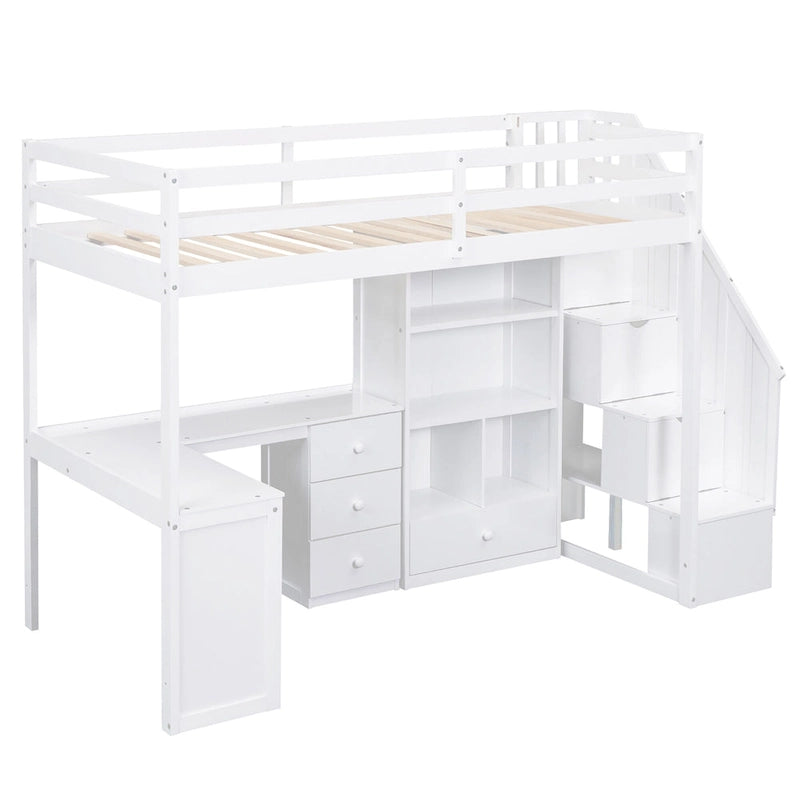 Hochbett mit L-förmigem Schreibtisch, Schubladen, Schrank und Stautreppe