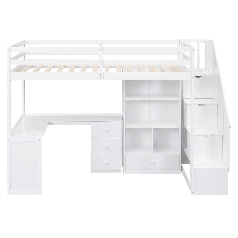 Hochbett mit L-förmigem Schreibtisch, Schubladen, Schrank und Stautreppe