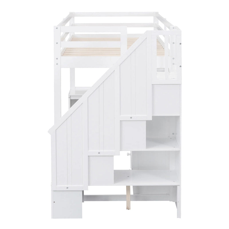 Hochbett mit L-förmigem Schreibtisch, Schubladen, Schrank und Stautreppe