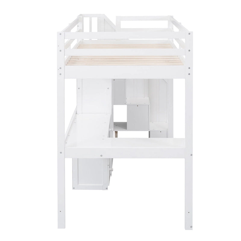 Hochbett mit L-förmigem Schreibtisch, Schubladen, Schrank und Stautreppe