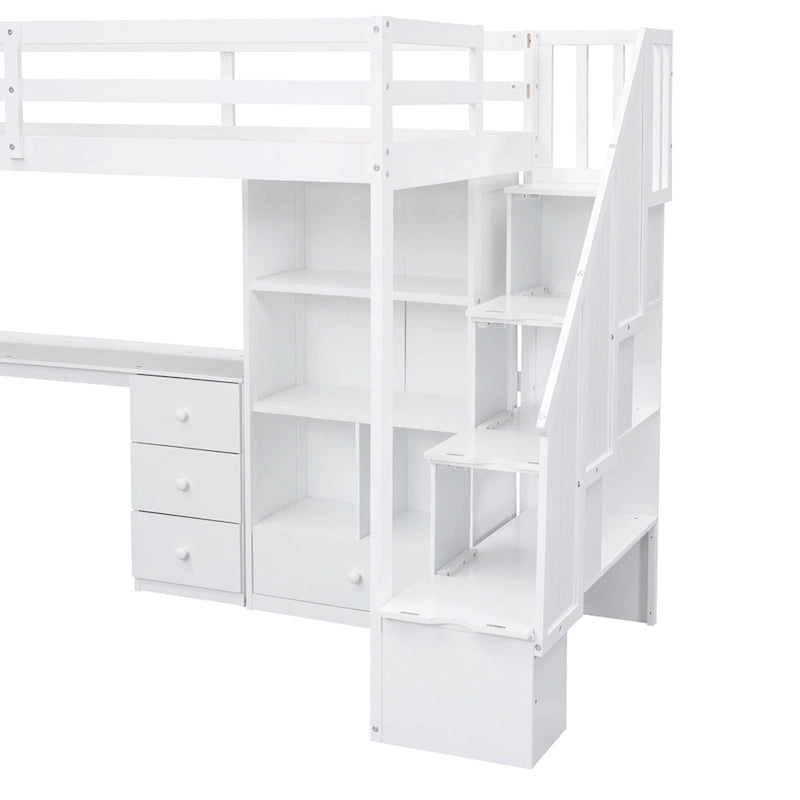 Hochbett mit L-förmigem Schreibtisch, Schubladen, Schrank und Stautreppe