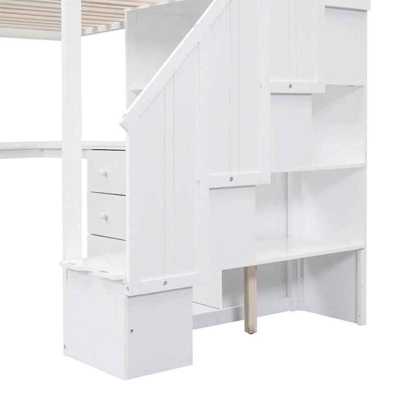 Hochbett mit L-förmigem Schreibtisch, Schubladen, Schrank und Stautreppe