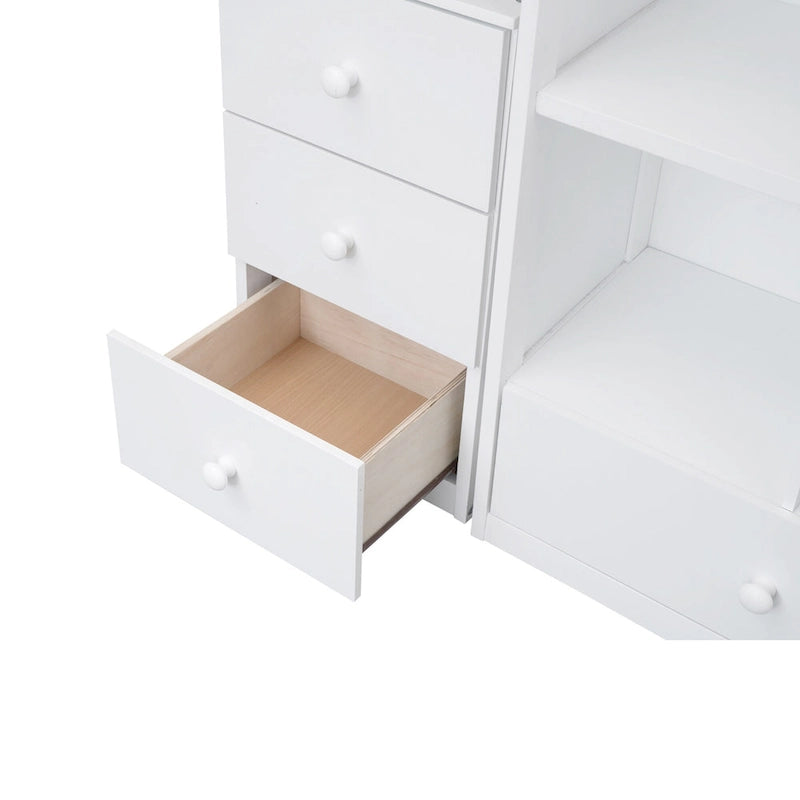 Hochbett mit L-förmigem Schreibtisch, Schubladen, Schrank und Stautreppe