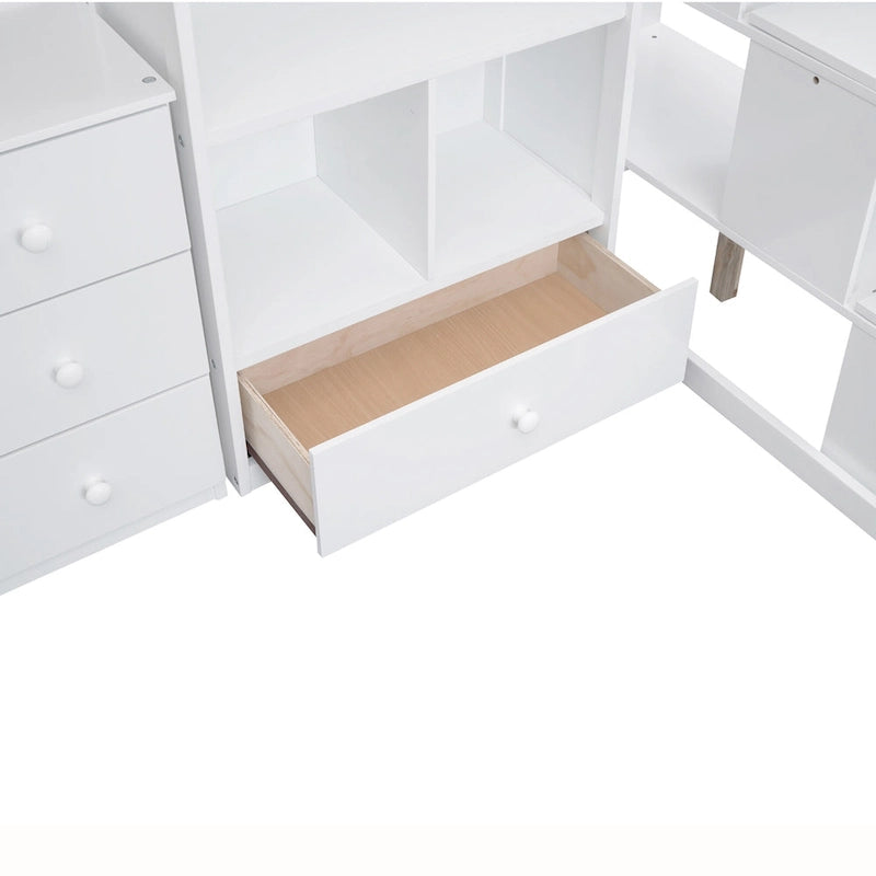 Hochbett mit L-förmigem Schreibtisch, Schubladen, Schrank und Stautreppe