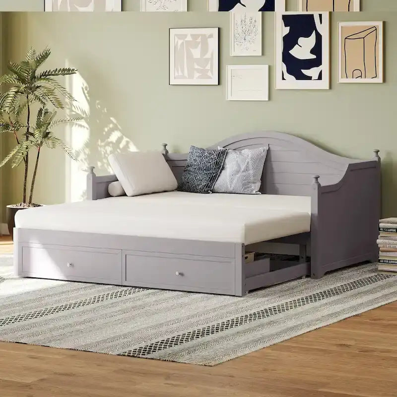 Holz-Tagesbett mit 2 Stauraumschubladen, Twin-Size-Plattformbett mit Stauraum - ausziehbares Tagesbett in Twin-Size mit ausklappbarem Gästebett, Schlafsofa