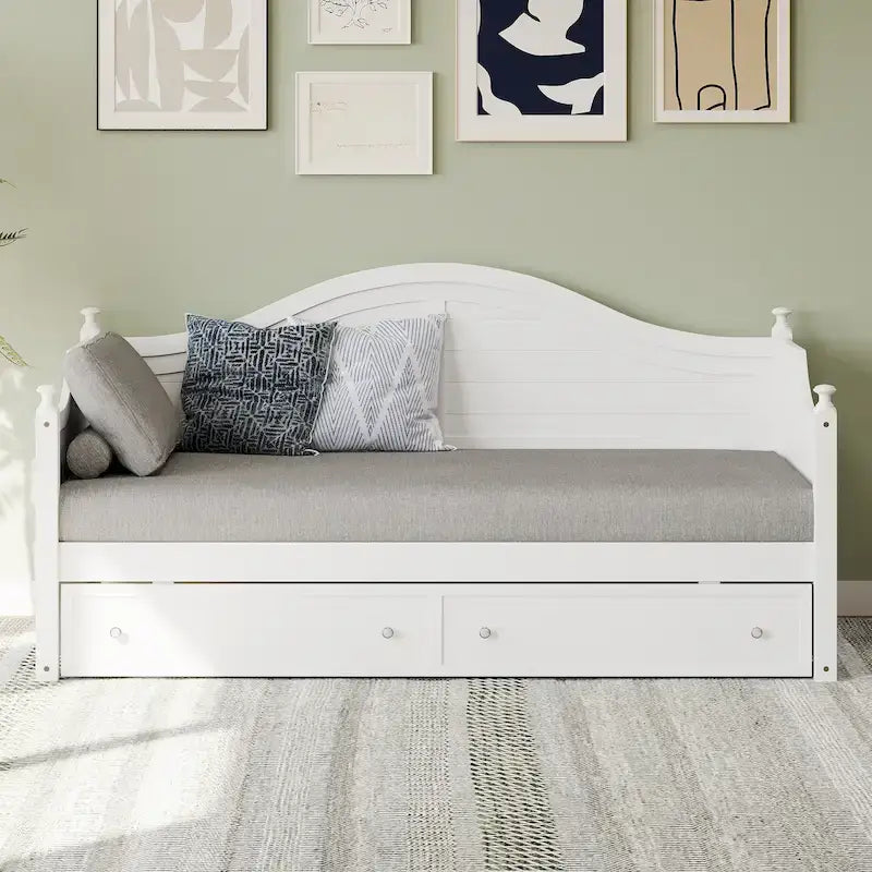 Holz-Tagesbett mit 2 Stauraumschubladen, Twin-Size-Plattformbett mit Stauraum - ausziehbares Tagesbett in Twin-Size mit ausklappbarem Gästebett, Schlafsofa