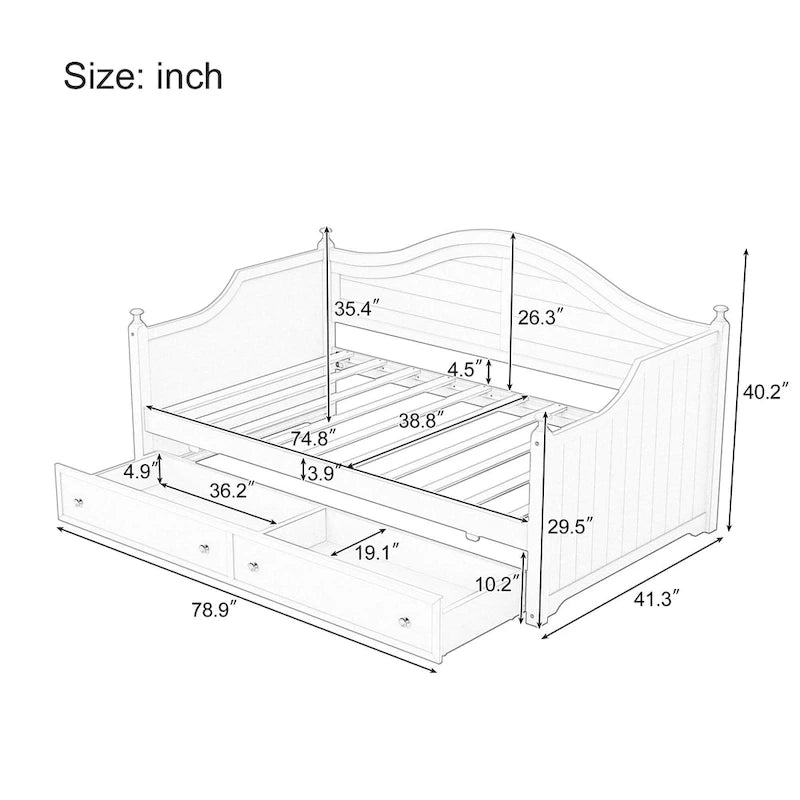 Holz-Tagesbett mit 2 Stauraumschubladen, Twin-Size-Plattformbett mit Stauraum - ausziehbares Tagesbett in Twin-Size mit ausklappbarem Gästebett, Schlafsofa