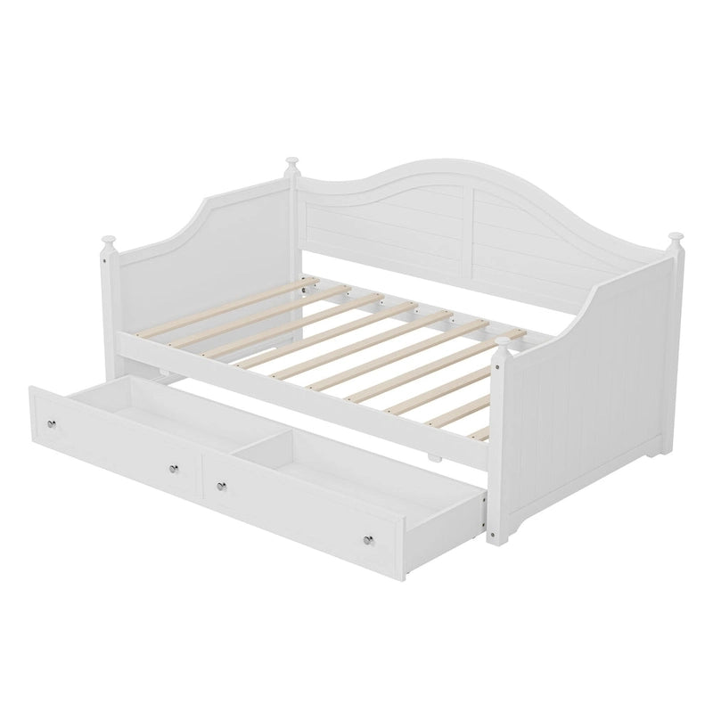 Holz-Tagesbett mit 2 Stauraumschubladen, Twin-Size-Plattformbett mit Stauraum - ausziehbares Tagesbett in Twin-Size mit ausklappbarem Gästebett, Schlafsofa