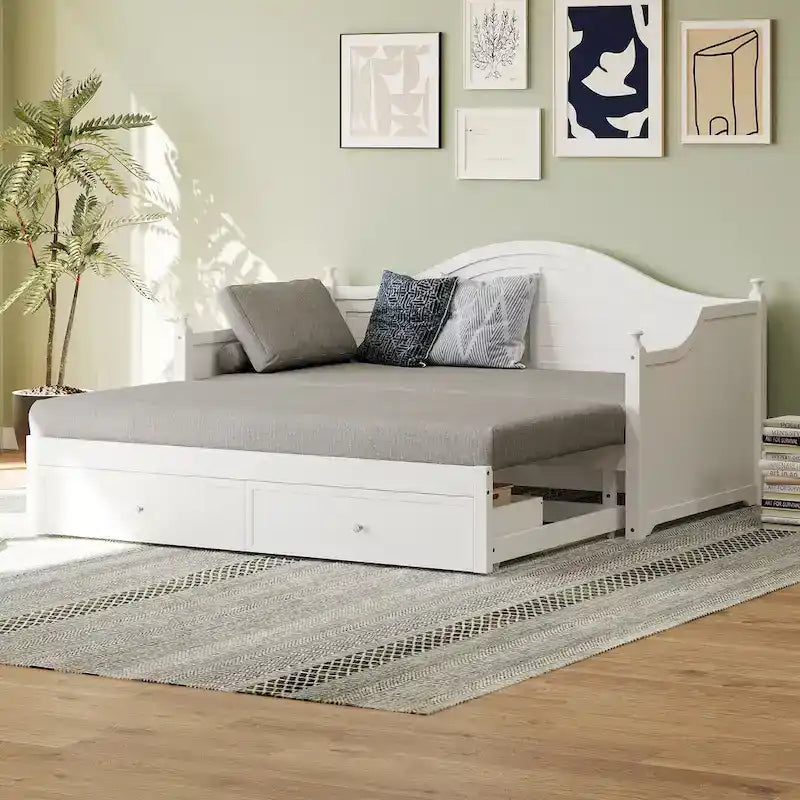Holz-Tagesbett mit 2 Stauraumschubladen, Twin-Size-Plattformbett mit Stauraum - ausziehbares Tagesbett in Twin-Size mit ausklappbarem Gästebett, Schlafsofa